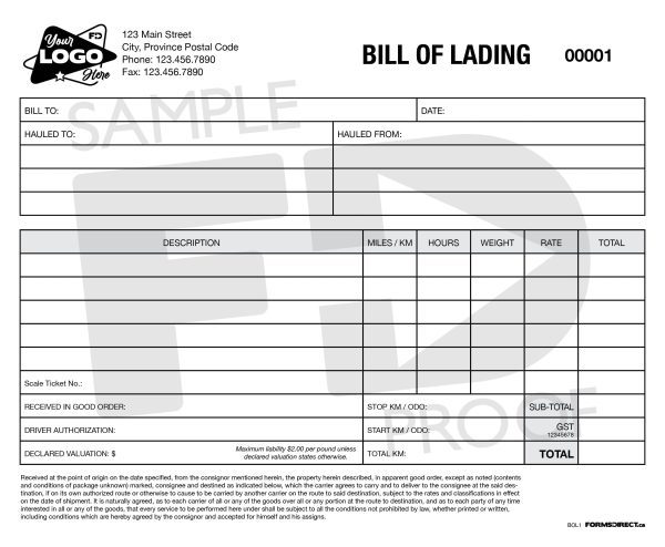 bill of lading transport custom form template