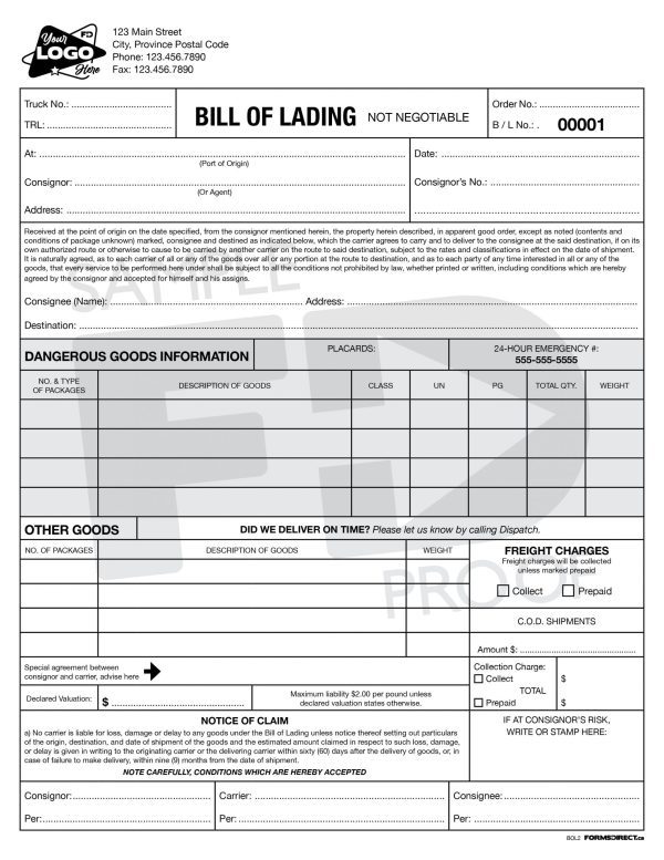 bill of lading dangerous goods transport custom form template