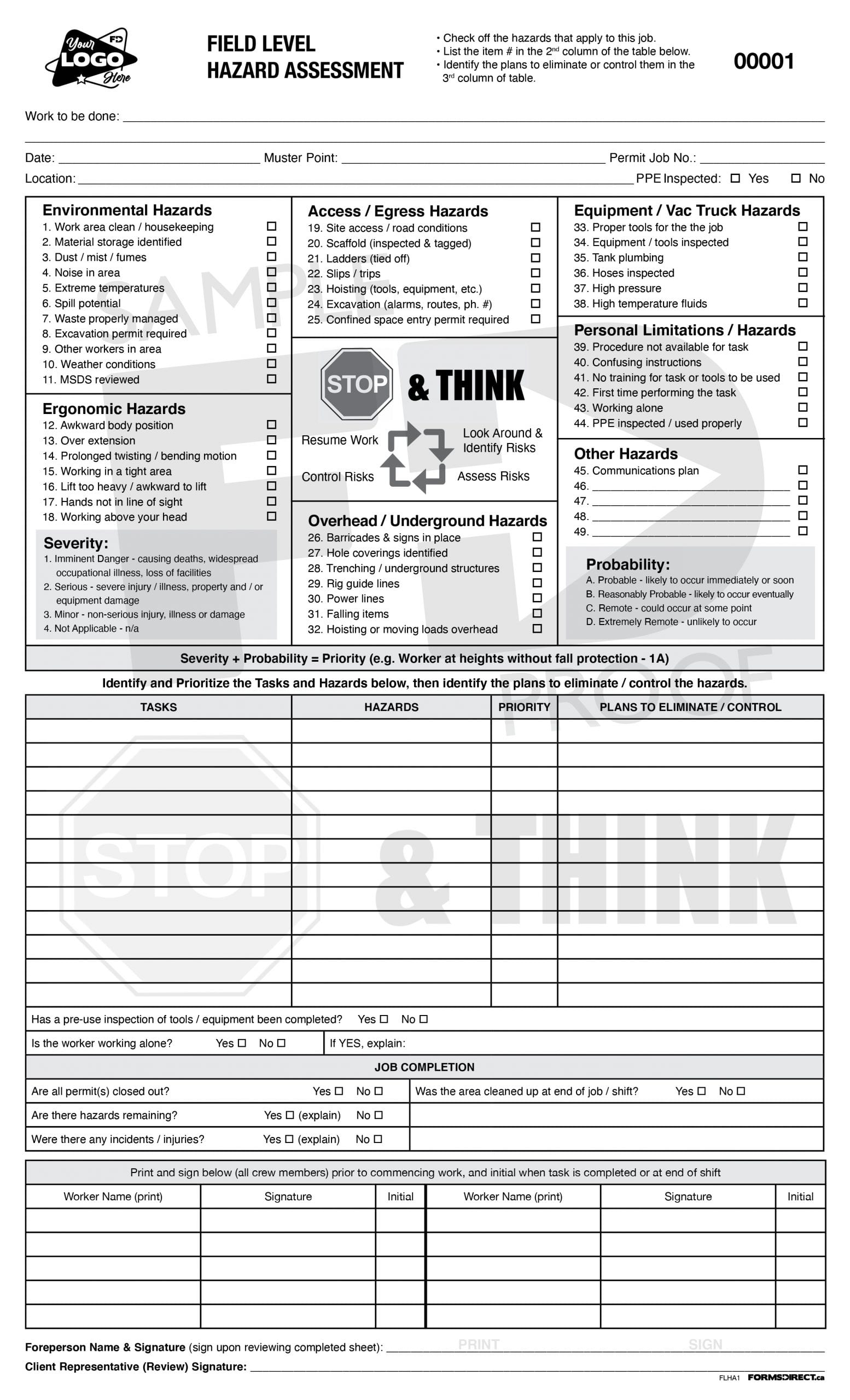 Field Level Hazard Assessment FLHA1 Custom Form Forms Direct