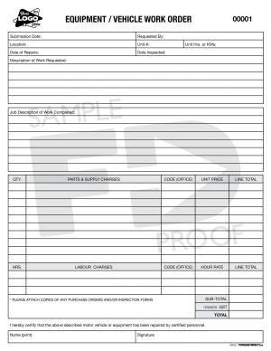 Custom Form Template Equipment Vehicle Work Order