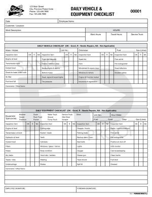 Daily Vehicle & Equipment Checklist form template