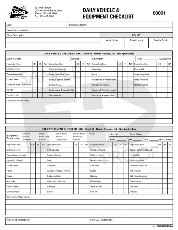 Daily Vehicle & Equipment Checklist form template