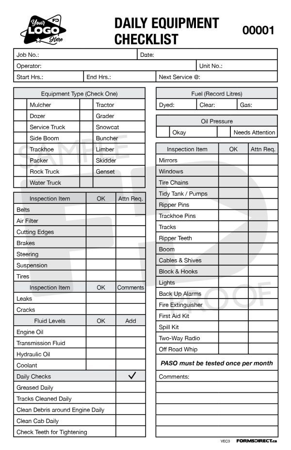 daily forestry earthworks equipment checklist