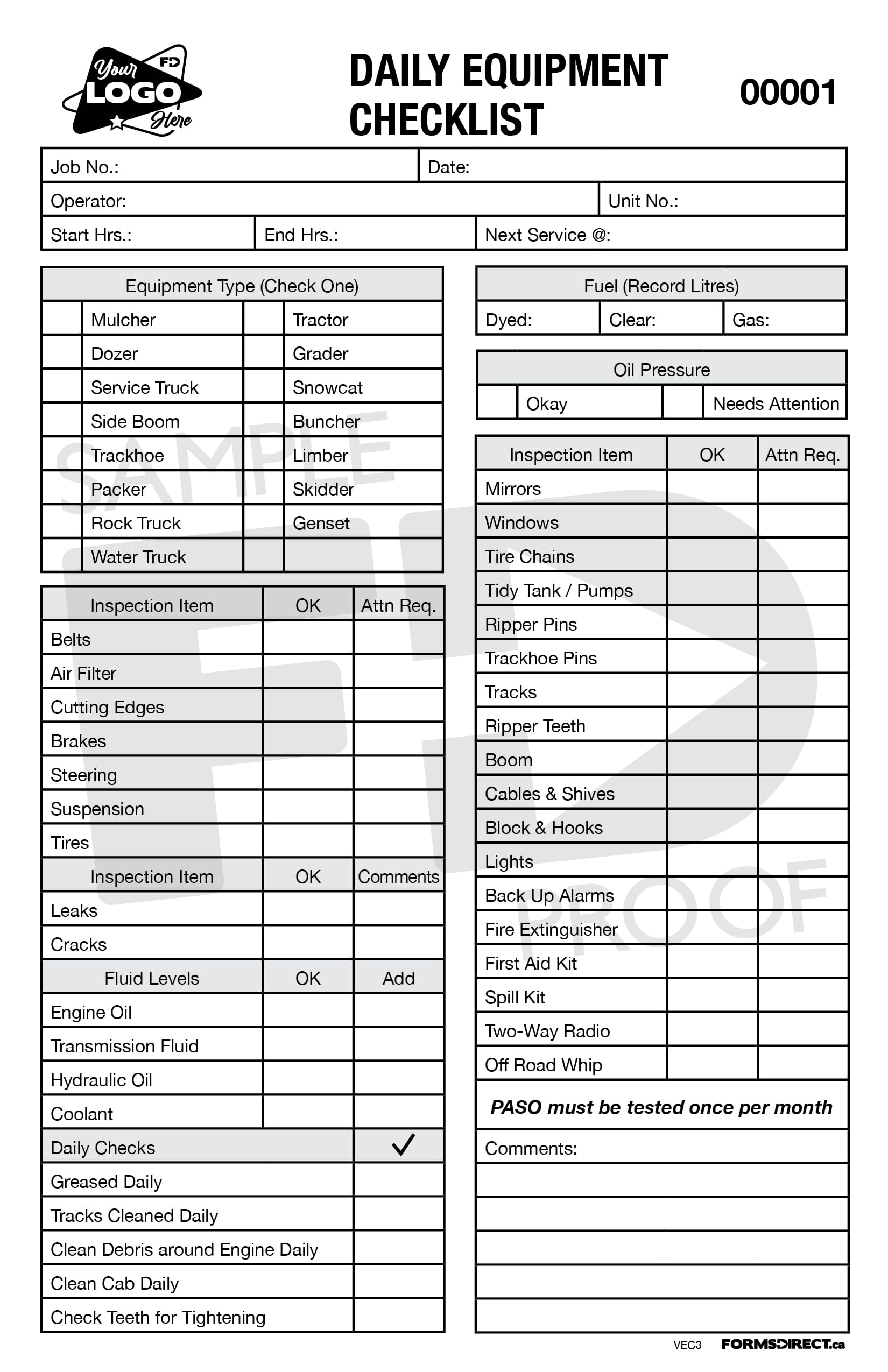 Daily Equipment Checklist VEC3 Customizable Template Forms Direct