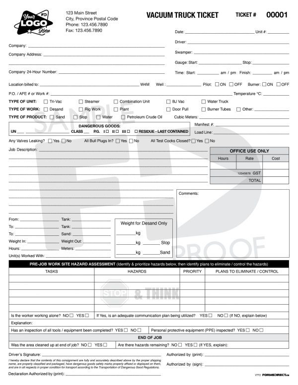vacuum truck ticket customizable form template