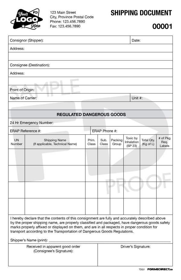 dangerous goods shipping custom ncr document